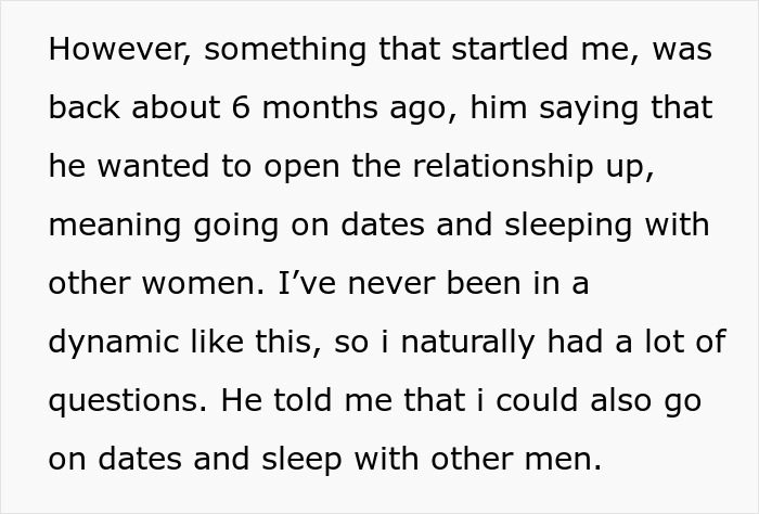 Text excerpt describing a boyfriend opening the relationship but getting no dates while discussing dating other people. Text excerpt describing a boyfriend opening the relationship but getting no dates while discussing dating other people.