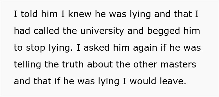 Text excerpt revealing a wife confronting her husband about lying regarding his master&rsquo;s degree credentials.