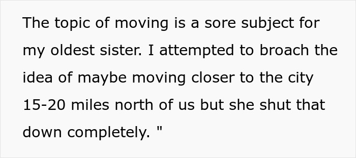 Text excerpt showing frustration of a caretaker dealing with guilt trips from sister about moving closer to the city.