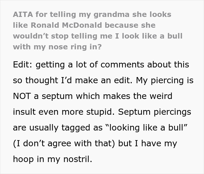 Text post about a lady telling her grandkid she looks like a bull with her nose ring and being called Ronald McDonald.