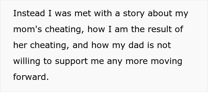 Text excerpt about mom affair and lack of dad support affecting college money and future plans.