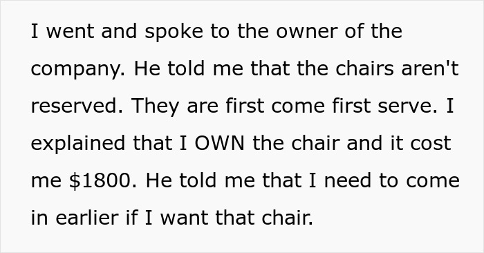 Text excerpt about person owning a $1.8K office chair and conflict over its use leading to job loss. Text excerpt about person owning a $1.8K office chair and conflict over its use leading to job loss.