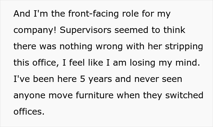 Text post describing an office swap gone wrong as an employee takes everything, frustrating a coworker to tears.