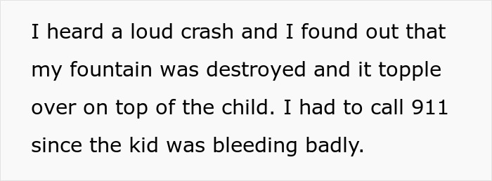 Text excerpt describing a child injured by a toppled fountain leading to an emergency room visit and parents suing neighbor.