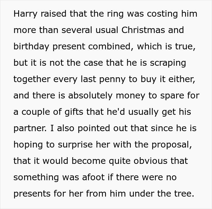 Text excerpt about a man&rsquo;s proposal not counting as a Christmas gift, addressing expectations and reality check.