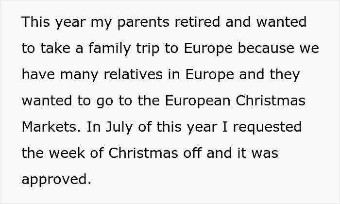 Text excerpt discussing a family trip and Christmas week off approved under hospital&rsquo;s family first vacation policy.