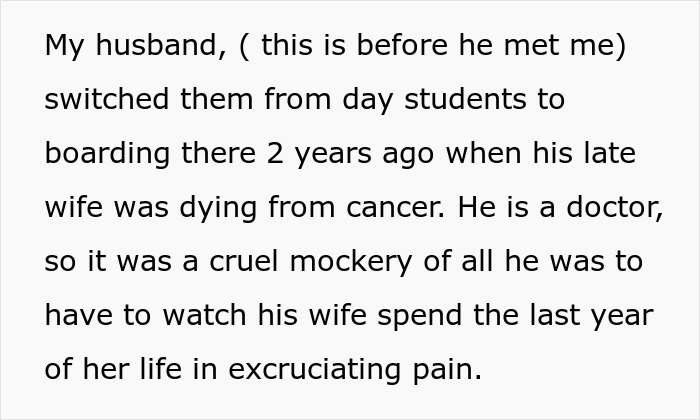 Text about woman asking stepchildren about home boarding school decision during a difficult family situation.