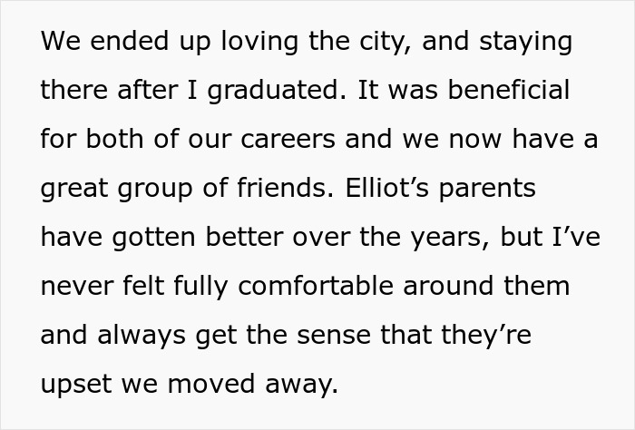Text excerpt discussing feeling uncomfortable around in-laws despite improved relations over the years and moving away from the city.