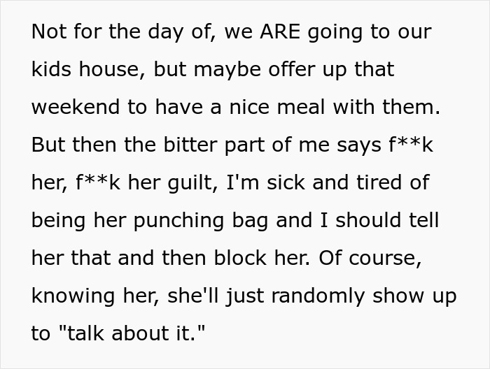 Text excerpt showing a woman expressing frustration about celebrating Thanksgiving with her kid and dealing with MIL&rsquo;s reaction.