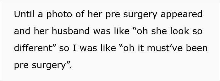 Text excerpt about pre surgery photo causing friendship issues after secret exposed to husband. Text excerpt about pre surgery photo causing friendship issues after secret exposed to husband.