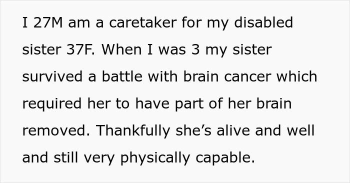 Text post describing a caretaker&rsquo;s experience supporting a disabled sister after a brain cancer battle affecting her brain.