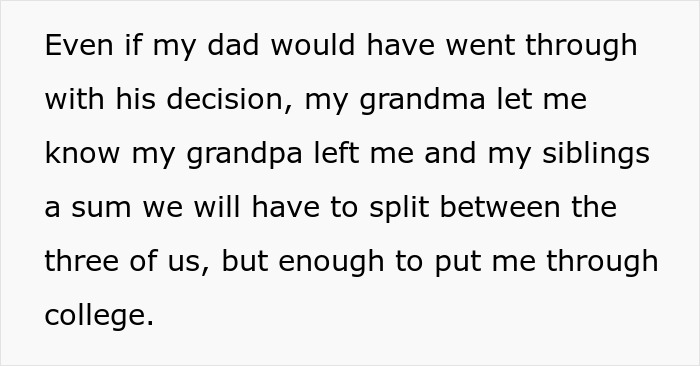 Text showing a family discussion about college money left by grandpa despite dad&rsquo;s decision, involving mom and siblings.