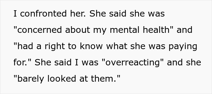 Text excerpt showing a woman confronting her mom about spying on therapy sessions due to mental health concerns.