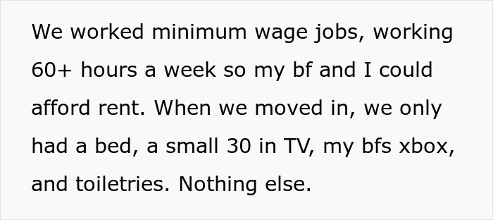 Text post sharing a story about working minimum wage jobs and living with basic belongings including TV and toiletries.