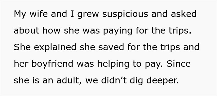 Text excerpt discussing daughter&rsquo;s money sources for trips, including saved funds and boyfriend&rsquo;s financial help.