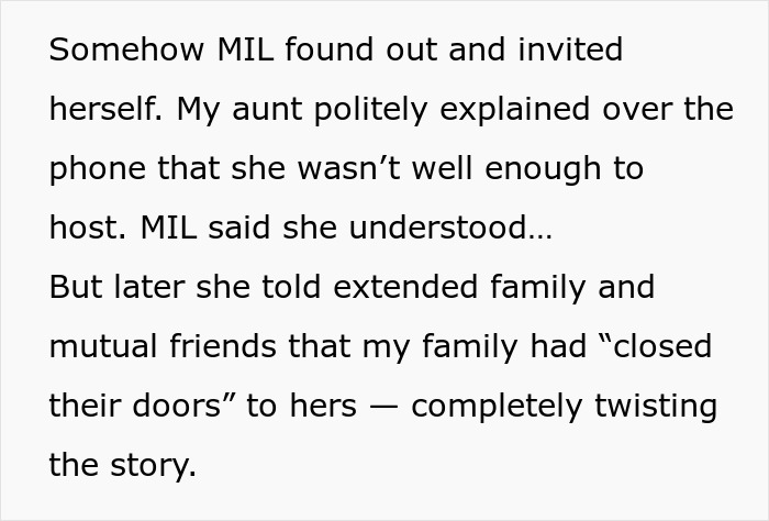 Text excerpt showing a MIL playing the victim while family cuts contact with gay couple, twisting the story.