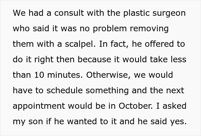 Consult with plastic surgeon about 12YO son's mole removal, approved by dad as cosmetic surgery without mom's consent.