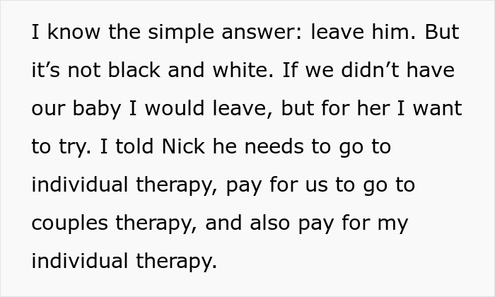 Text discussing a woman deciding whether to leave her boyfriend who is cheating while considering therapy options for healing.