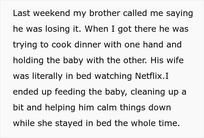 Text post describing a woman confronting her SIL about stay-at-home mom responsibilities versus staying in bed.
