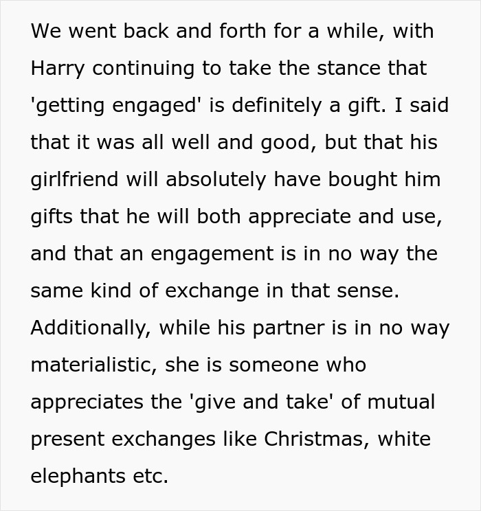 Man thinks proposal counts as a Christmas gift but gets a reality check about gift exchanges and appreciation.