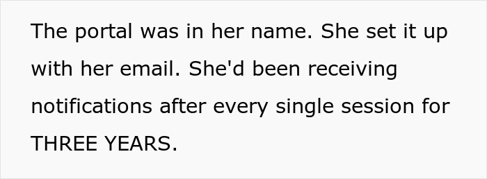 Text excerpt about a woman discovering her mom spied on her therapy sessions through email notifications.