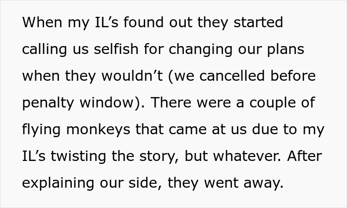 Text post about in-laws accusing a couple of being selfish for changing vacation plans before penalty window.