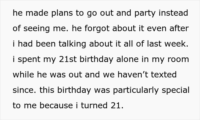 Text excerpt showing a woman explaining how her boyfriend forgot her 21st birthday and demanded apologies for bothering him.
