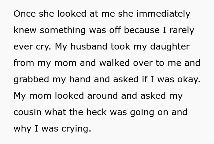 Woman crying while husband comforts her and questions cousin about the bride mad cousin dress wedding incident.