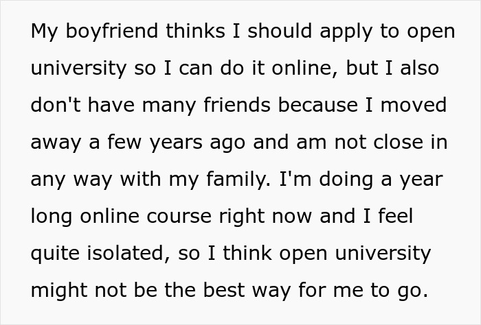 Text discussing a 30-year-old boyfriend's concerns about his 20-year-old girlfriend attending university and feeling isolated. Text discussing a 30-year-old boyfriend's concerns about his 20-year-old girlfriend attending university and feeling isolated.