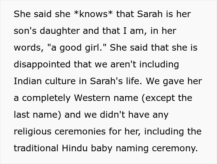 Text excerpt discussing an Indian grandmother's concerns about cultural traditions and a grandchild's heritage.