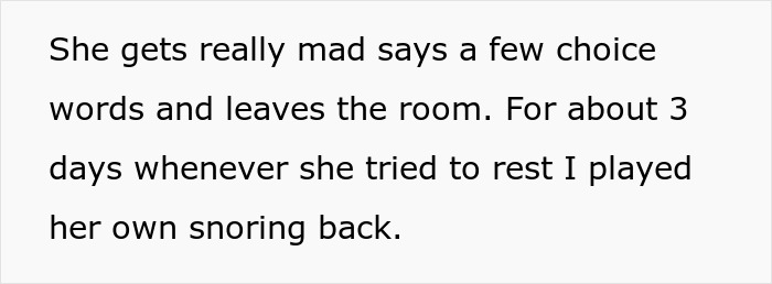 Text excerpt showing a woman annoyed by her roommate&rsquo;s snoring, retaliating by snoring back to stay awake.