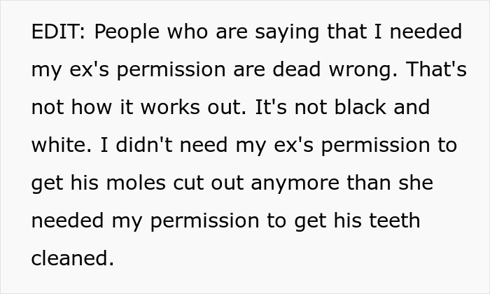 Text excerpt discussing a mom outraged over dad approving their 12-year-old son&rsquo;s mole removal labeled as cosmetic surgery.