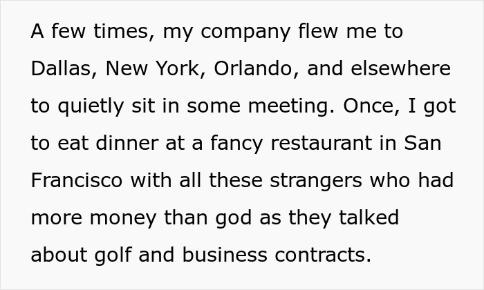 Text excerpt about a female software developer attending client meetings as a pretty face, feeling gobsmacked. Text excerpt about a female software developer attending client meetings as a pretty face, feeling gobsmacked.