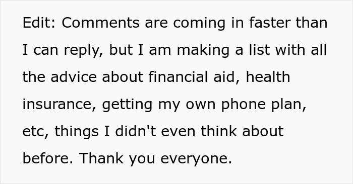 Text excerpt about financial aid, health insurance, and college money advice related to mom affair and dad issues.