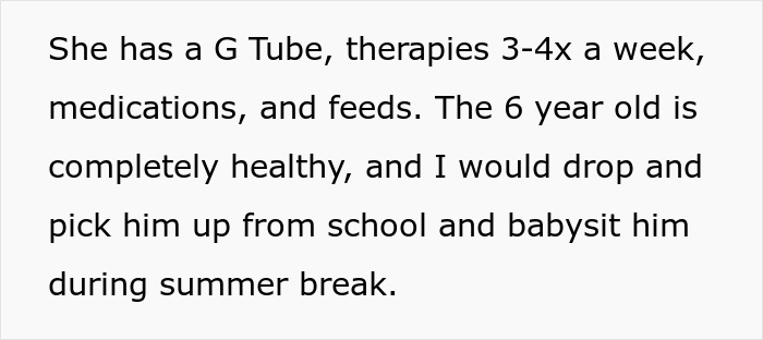 Text discussing a lady expecting free babysitting on demand for years and her younger sister finally refusing.