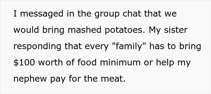 Group chat discussing refusing to bring expensive food for Thanksgiving and setting a $100 minimum <a href=