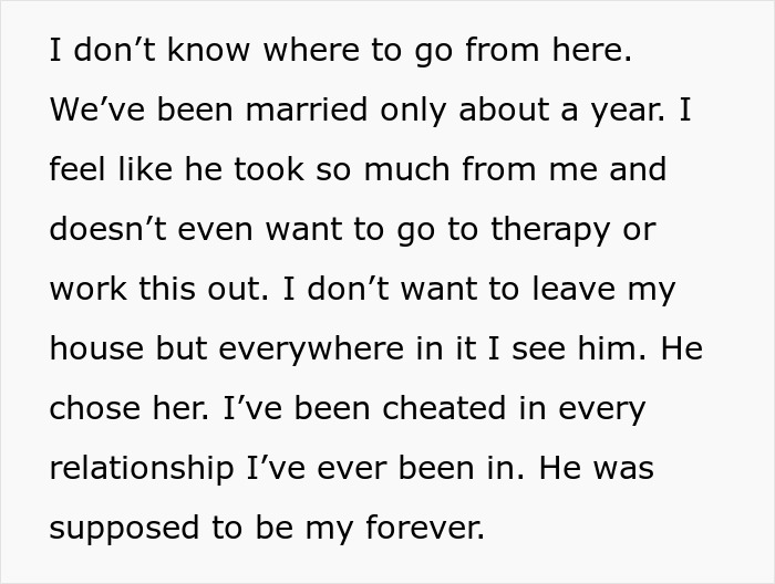 Alt text: Text excerpt describing a woman sharing her experience after being cheated on and her feelings about the relationship and therapy. Alt text: Text excerpt describing a woman sharing her experience after being cheated on and her feelings about the relationship and therapy.