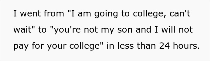 Text on a plain background expressing a sudden change in a mom and dad's decision about paying for college.