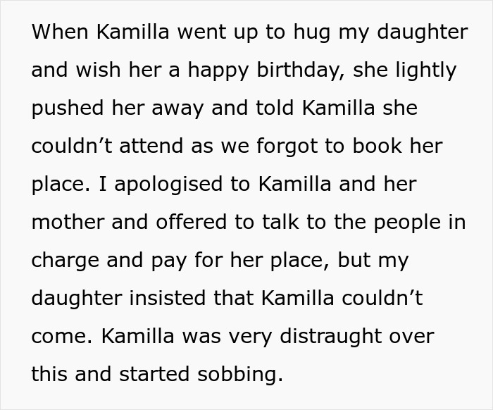 Text describing a mother apologizing after her 13YO daughter refused to invite a girl from school to a party, causing distress.