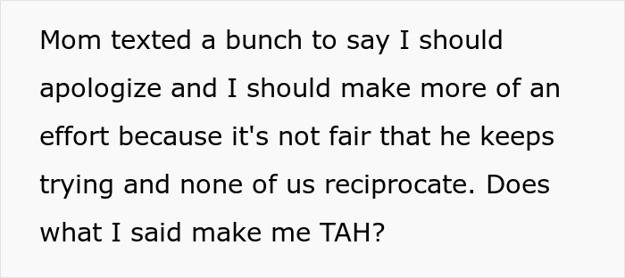 Text message discussing the stepdad trying to displace kids&rsquo; bio dad and the lack of reciprocation from family.