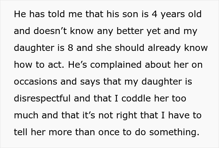 Text excerpt discussing boyfriend-daughter snitch drama involving complaints about behavior and parenting style. Text excerpt discussing boyfriend-daughter snitch drama involving complaints about behavior and parenting style.