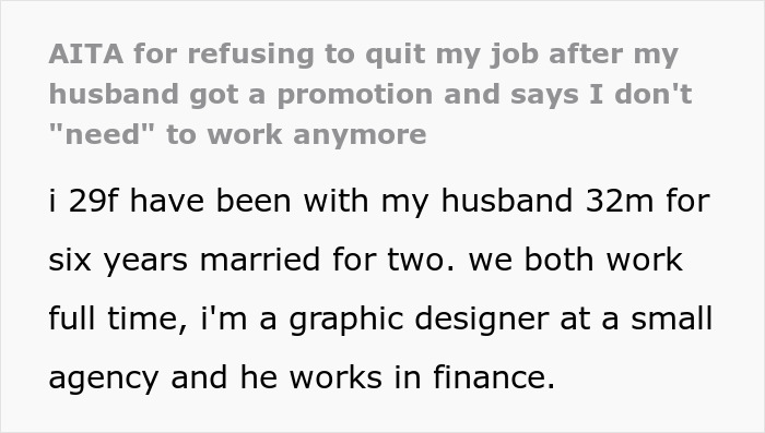 Text excerpt about a woman refusing to quit her job after husband&rsquo;s promotion and receiving a gender roles lecture from mother-in-law.