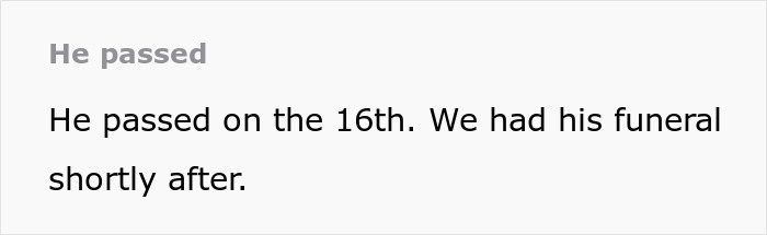 Text excerpt from an obituary, mentioning the passing of a person and their funeral arrangements.