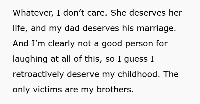 Text excerpt showing a stepdaughter reflecting on her feelings about an evil stepmom and poetic justice after a failed life.