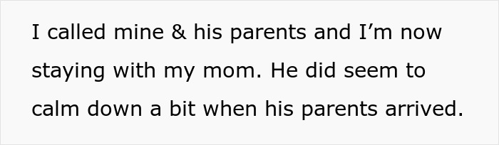 Text message describing a person staying with their mom after a stressful situation involving their partner and his parents.
