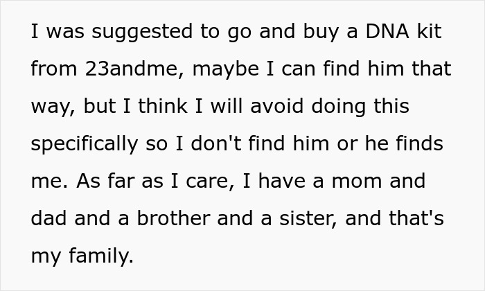 Text excerpt discussing family dynamics and choosing not to pursue DNA testing related to a mom affair college money dad situation.
