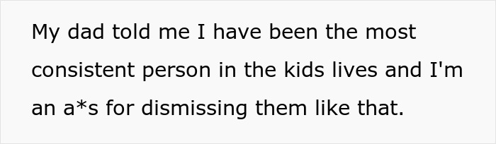 Text showing a teen telling dad she won&rsquo;t babysit step-siblings again, leaving dad upset and angry.
