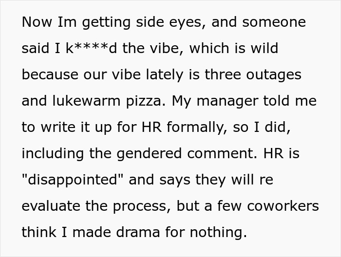 Text excerpt about analyst refusing to stock snacks and plan parties, causing HR to say she ruined the vibe.