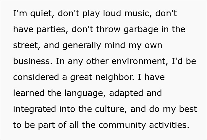 Text on a white background describing a quiet woman who follows rules and integrates into the community, hinting at revenge on petty neighbor.