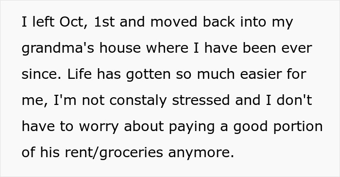 Text excerpt discussing a woman moving back to her grandma&rsquo;s house after realizing her boyfriend wanted a nanny with benefits.